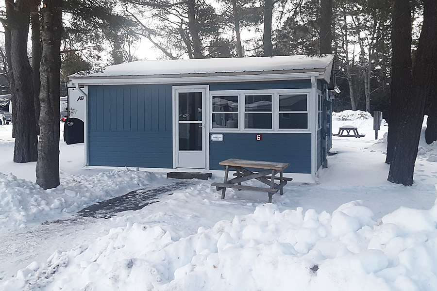 Bear Lodge cabin exterior in winter