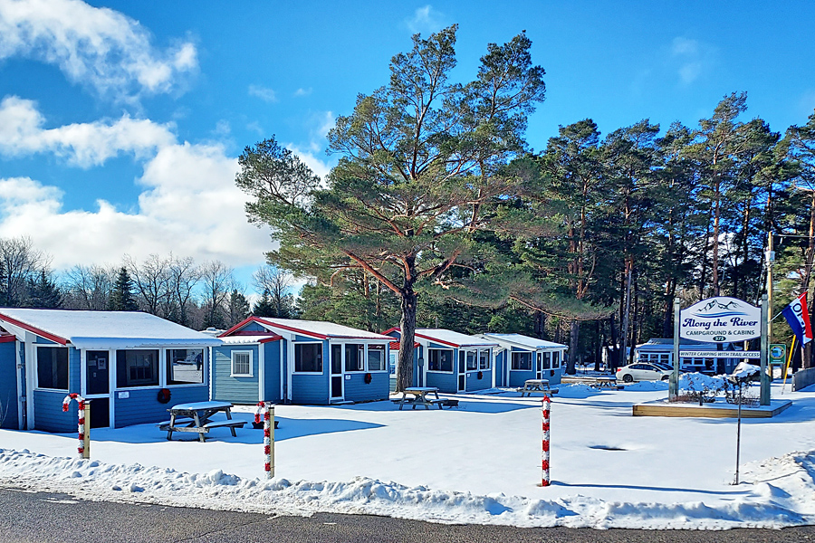 Cabins in Winter at Along the River Campground & Cabins